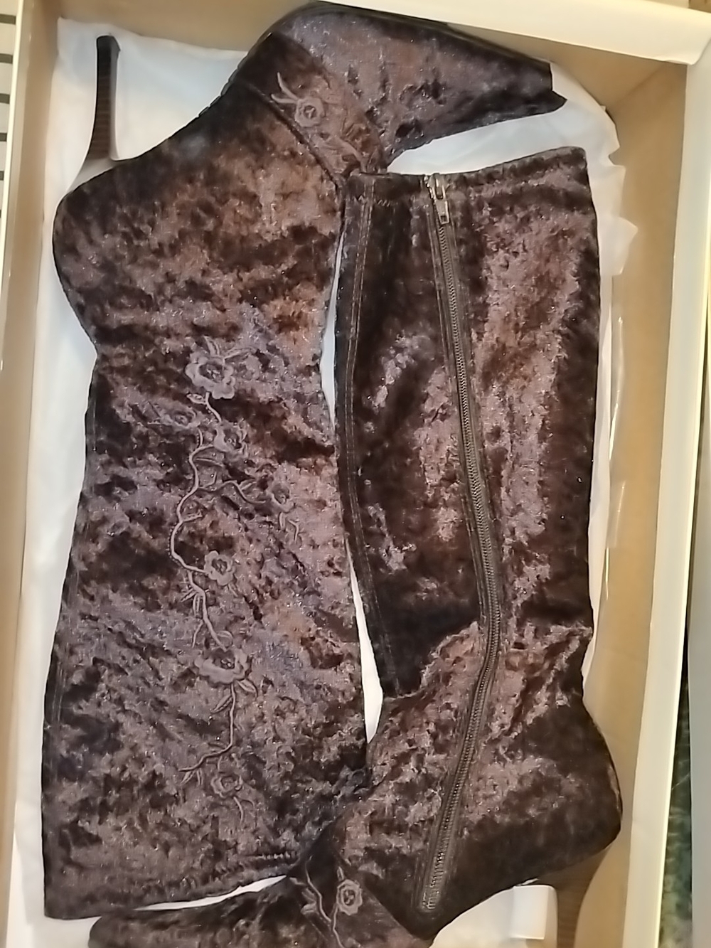 Amanda Smith Brown Velvet Knee-High Boots with Floral Embroidery